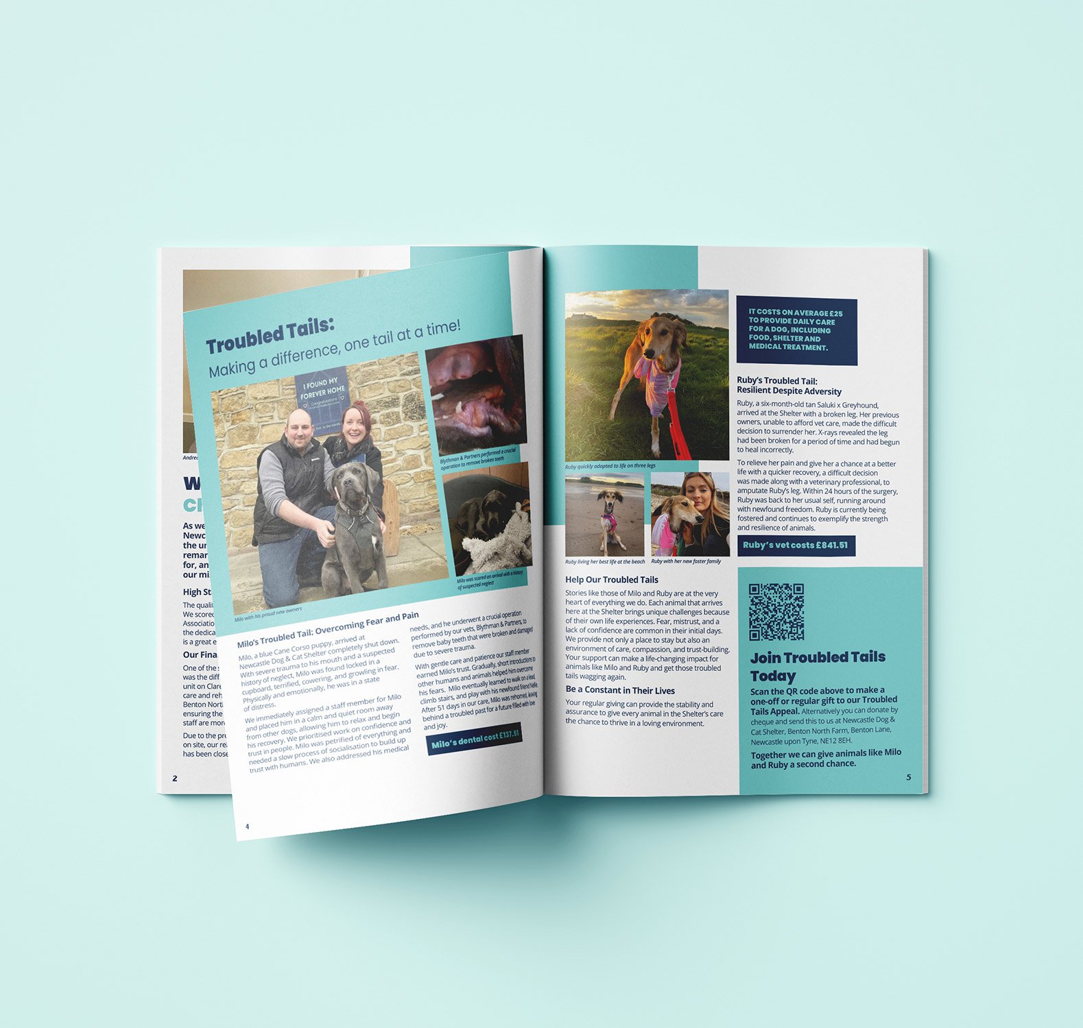 Open magazine with articles about troubled tails, a dog rescue story, and a QR code on a pastel blue background.