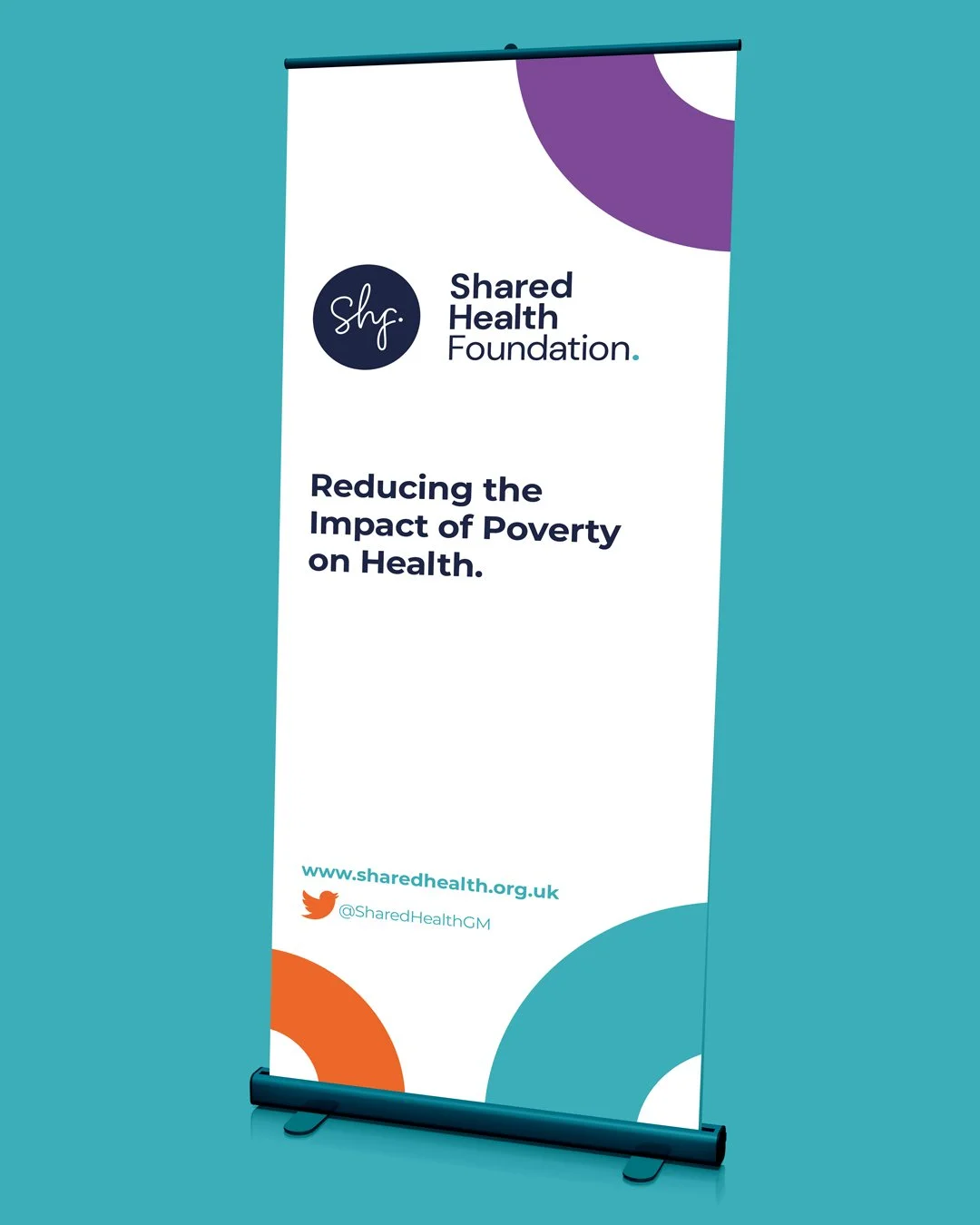 A vertical banner for Shared Health Foundation with the tagline 'Reducing the Impact of Poverty on Health,' and includes the foundation's logo, website, and Twitter handle.