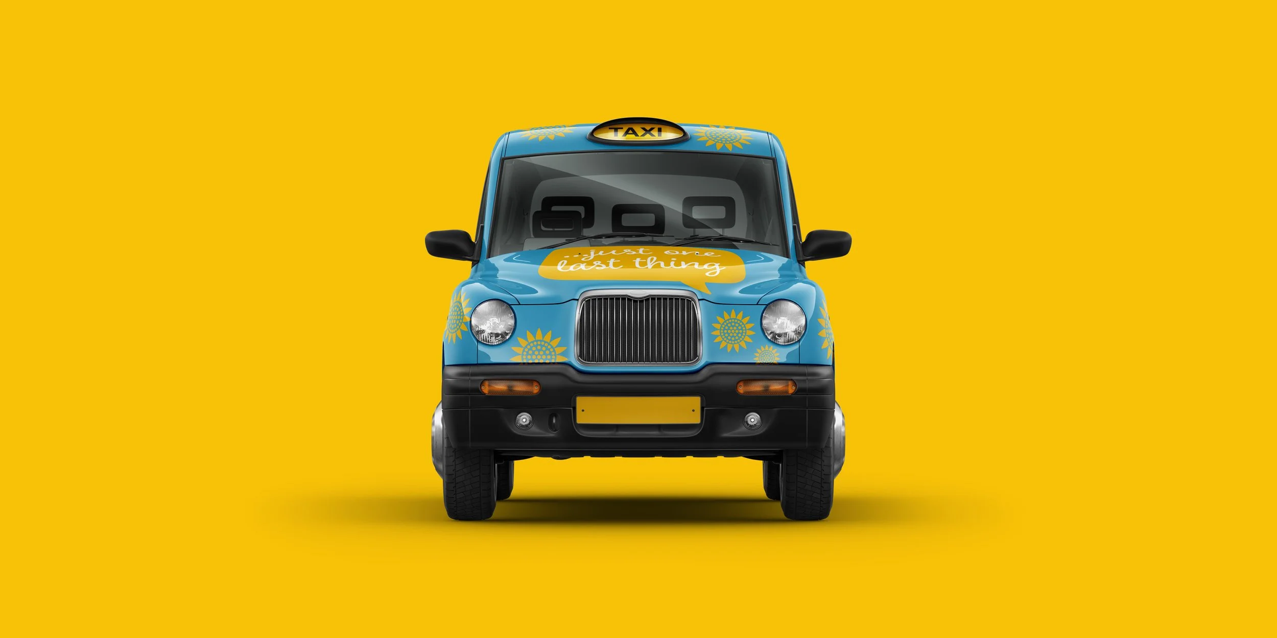 Front view of a blue taxi cab with yellow sunflower decals, a yellow speech bubble with the text 'just one last thing' on the hood, and a yellow taxi sign on the roof, set against a yellow background.