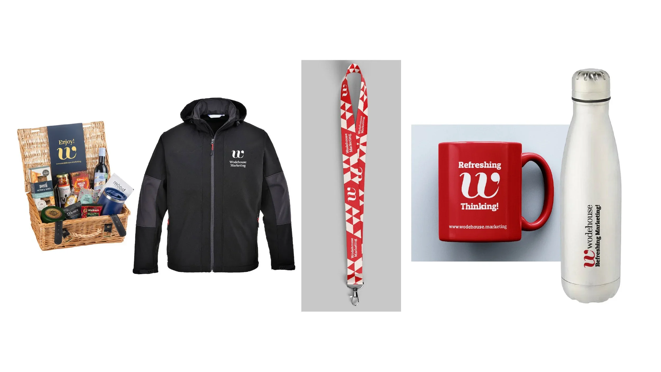 Gift basket, black jacket, red and white lanyard, red mug, white water bottle with company logos and branding.