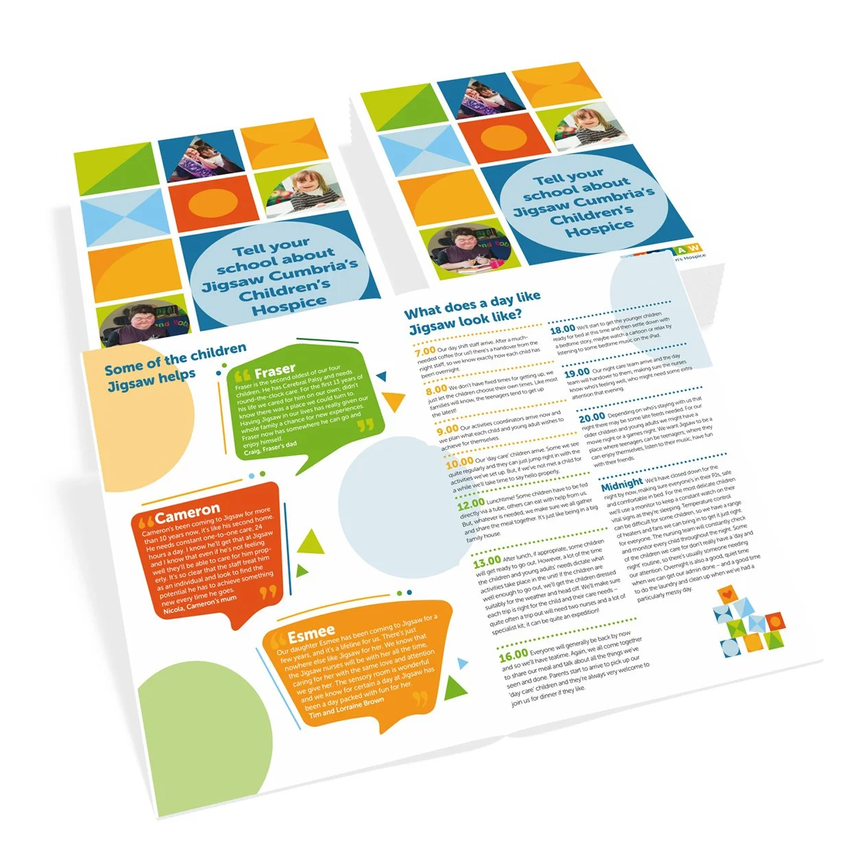 Colorful educational flyer titled "Tell your school about Jigsaw Cumbria's Children's Hospice" with images of children and detailed information about what a day at Jigsaw would look like, including times and activities.