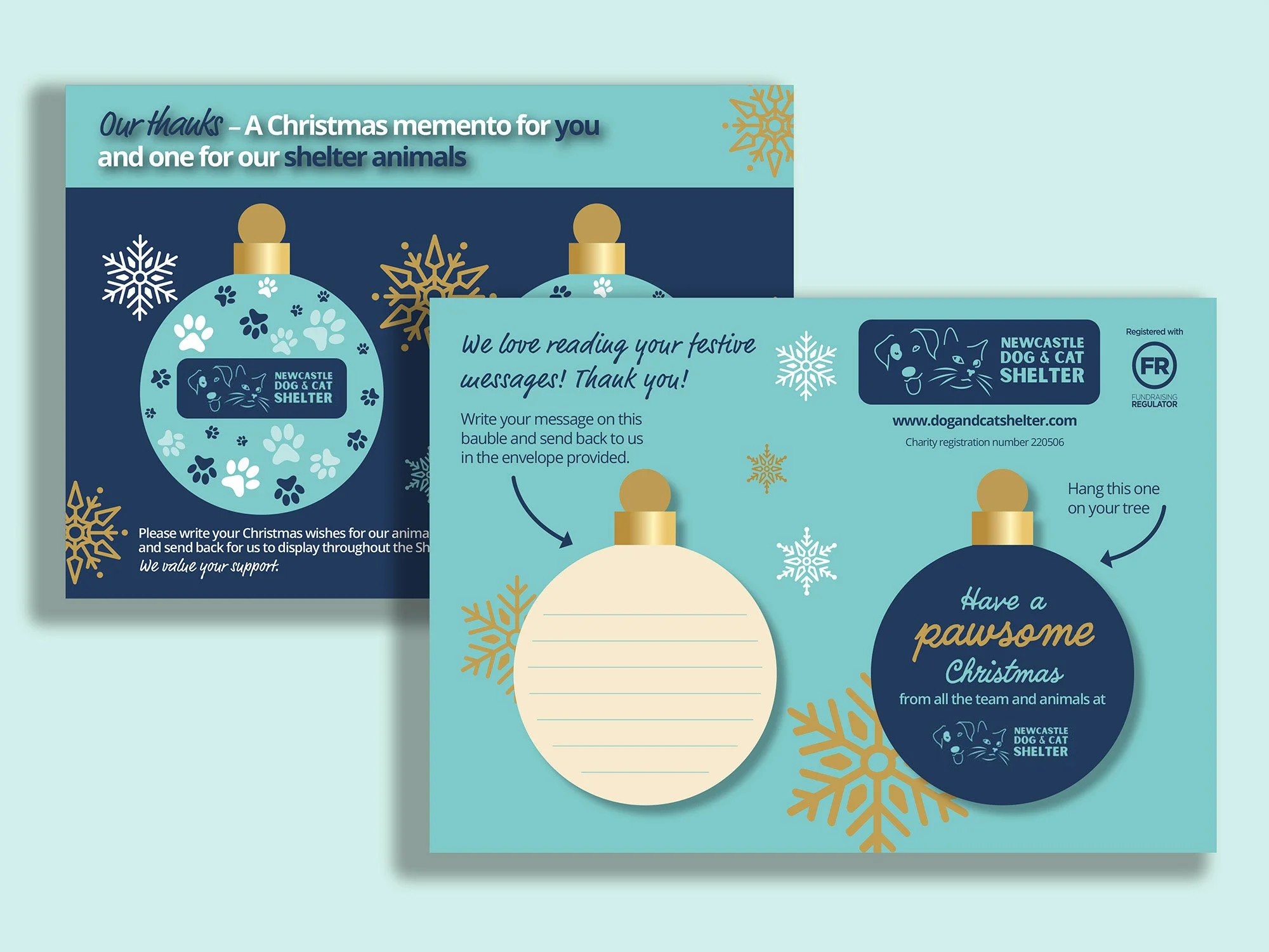 Two Christmas-themed donation request cards for the Newcastle Dog & Cat Shelter with ornaments, snowflakes, and Christmas greetings.