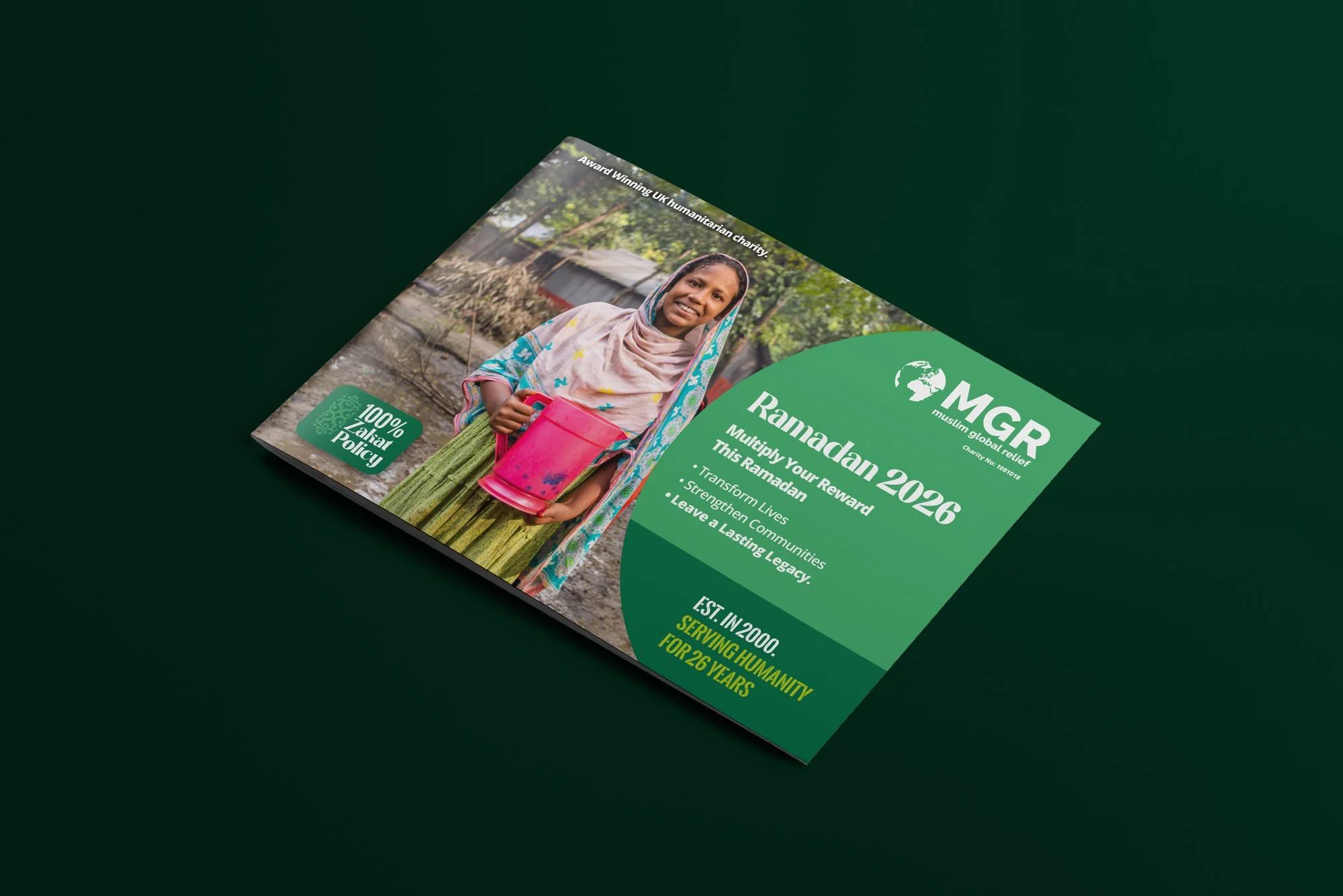 Flyer for a Ramadan charitable campaign showing a smiling woman in traditional clothing holding a pink watering can, outdoors with trees and green surroundings.