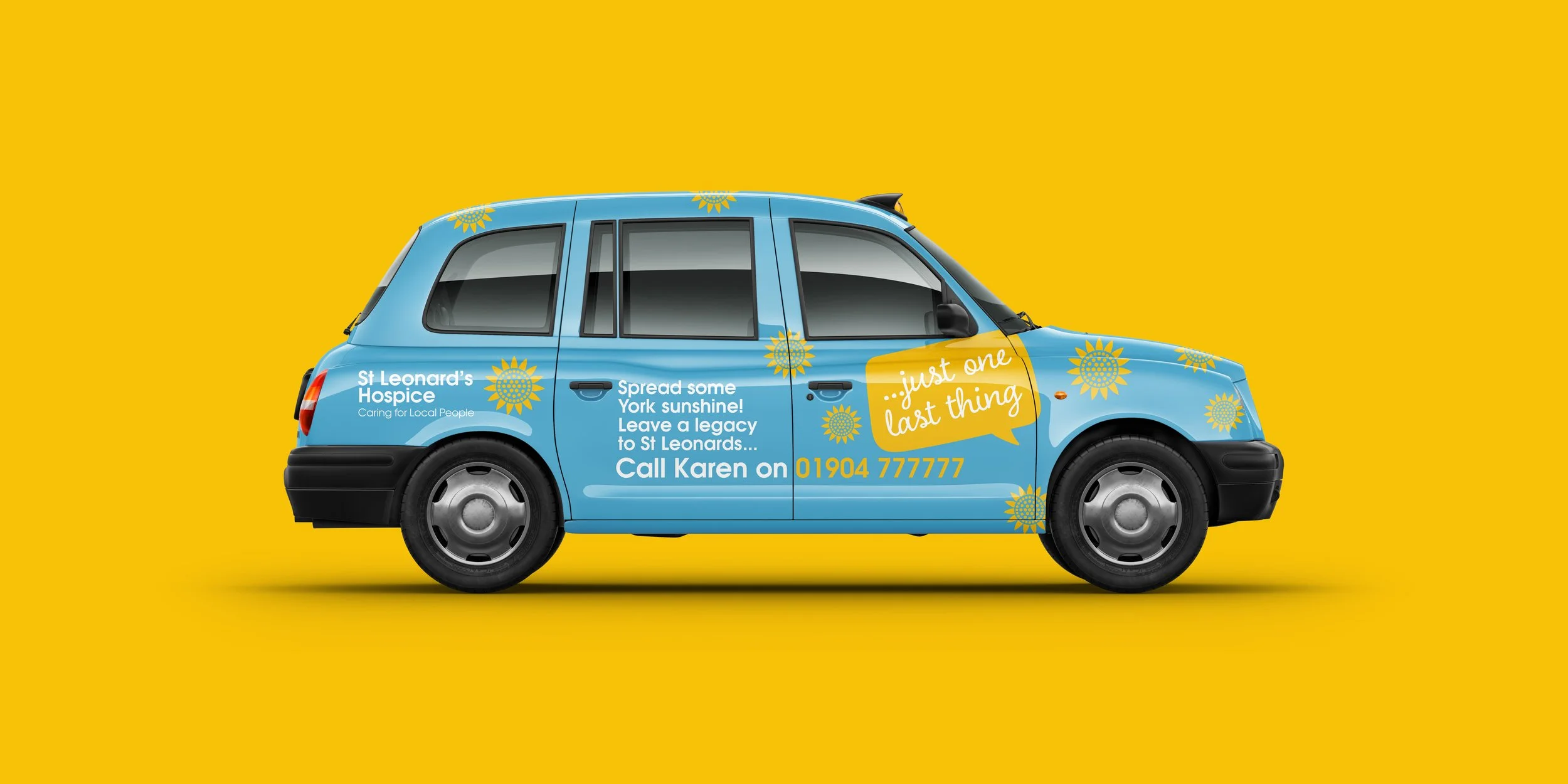 A blue car with yellow floral designs and text promoting St Leonard's Hospice, with a yellow background.