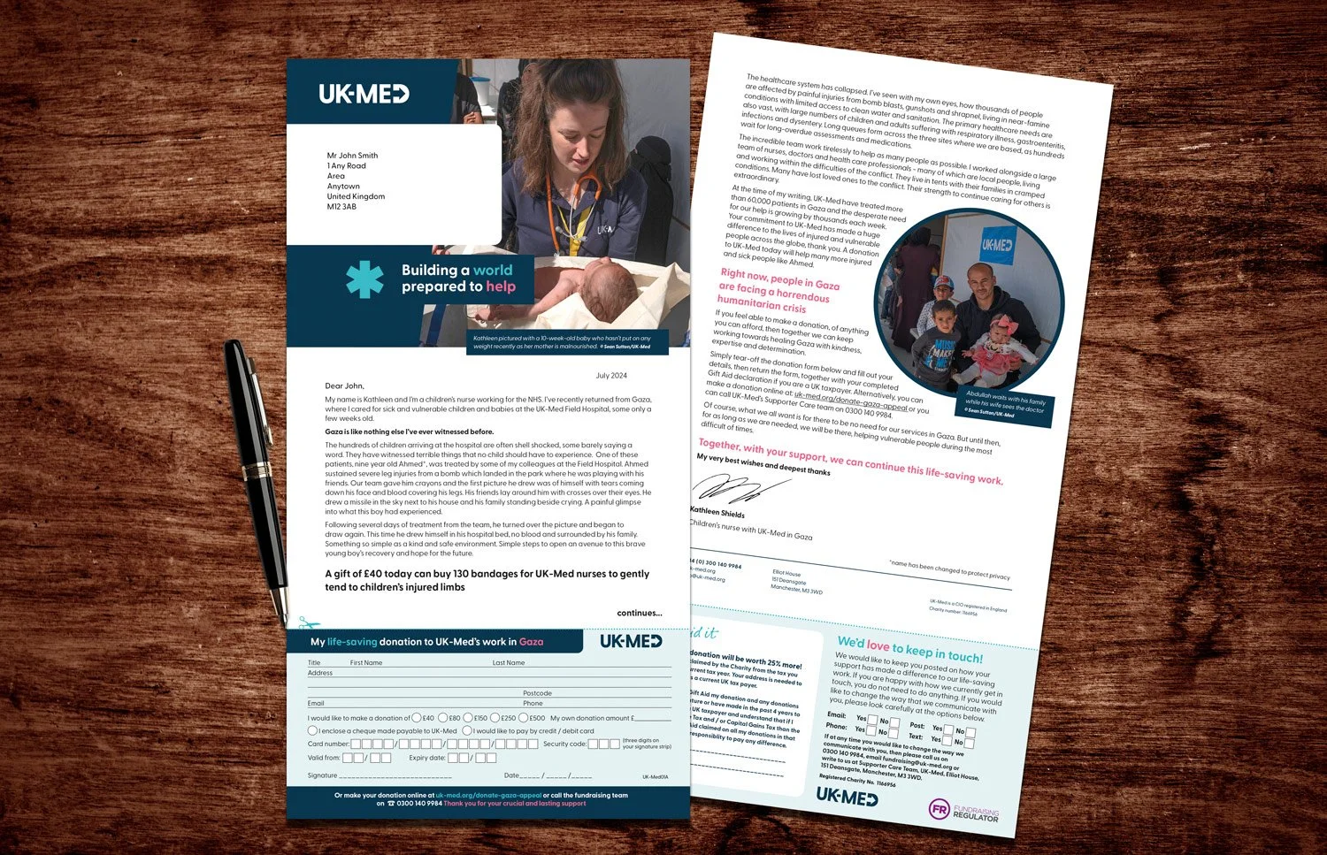 A UK-MED charity donation letter and a fundraising form for Gaza with images of a nurse holding a newborn and a family receiving aid, placed on a wooden surface.