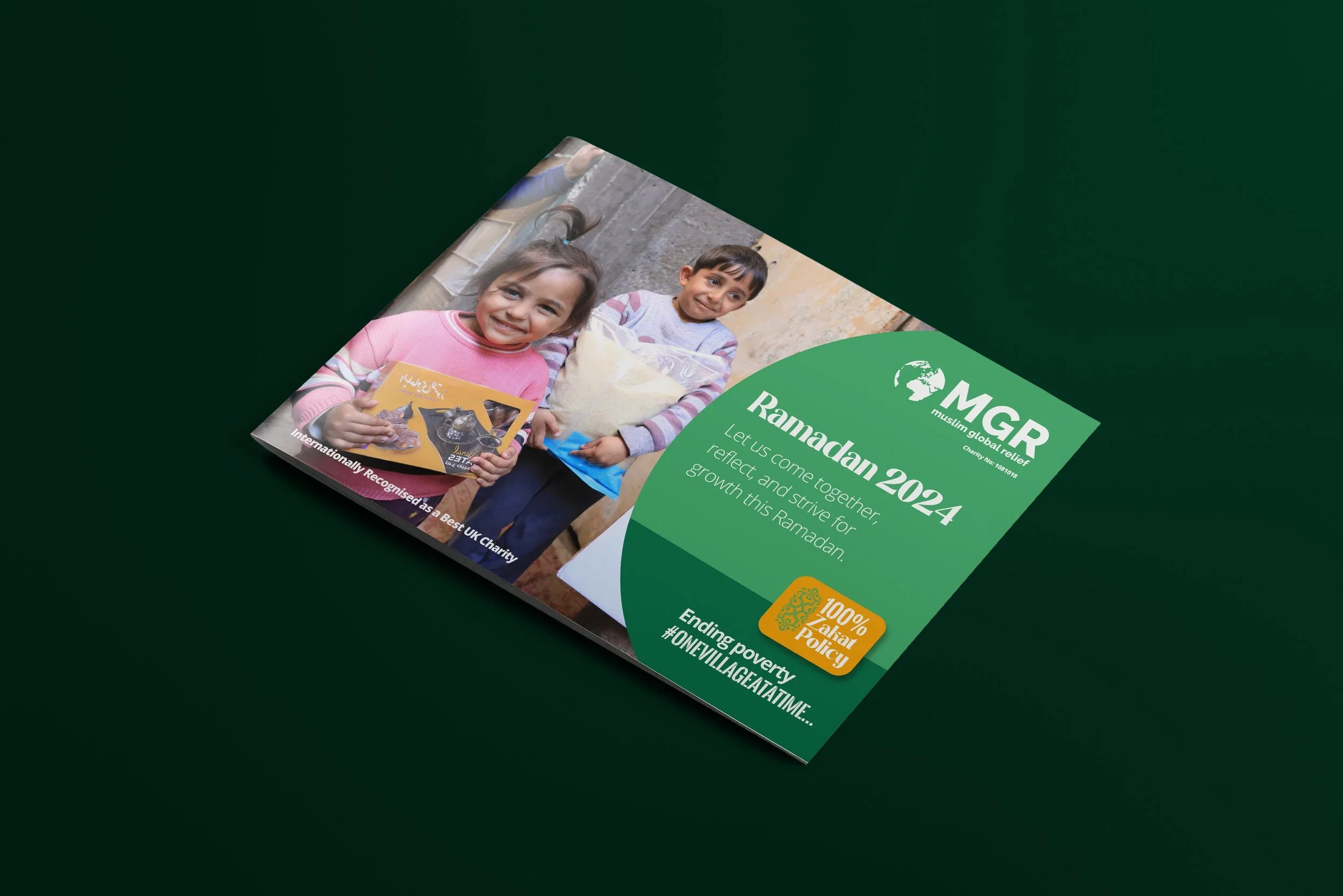 Charity flyer for Muslim Global Relief, promoting Ramadan 2024, with a photo of two children holding food donations, and slogans about ending poverty and striving for growth.