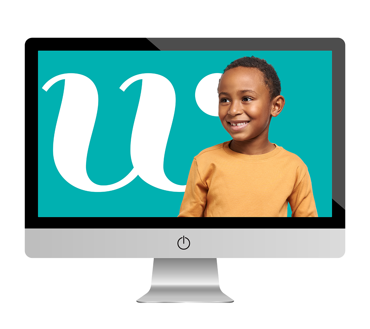 A young boy smiling in front of a teal background with a white letter 'w' visible on a computer screen.