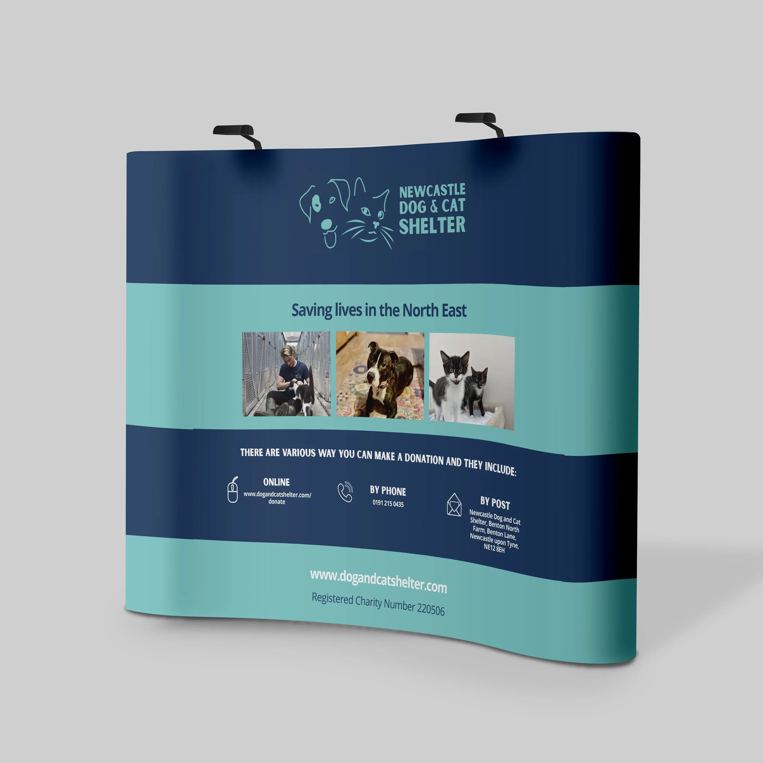 Flyer for Newcastle Dog & Cat Shelter featuring a dog and a cat illustration at the top, photos of people caring for animals, and information on donations and contact details.