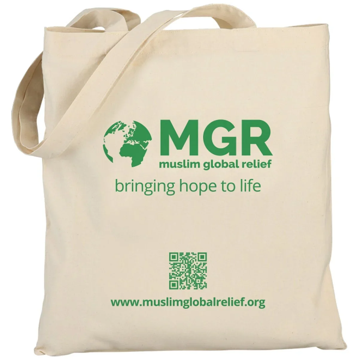 Cream-colored tote bag with green text and logo for Muslim Global Relief, featuring a globe icon and the tagline "bringing hope to life," along with a QR code and website URL.