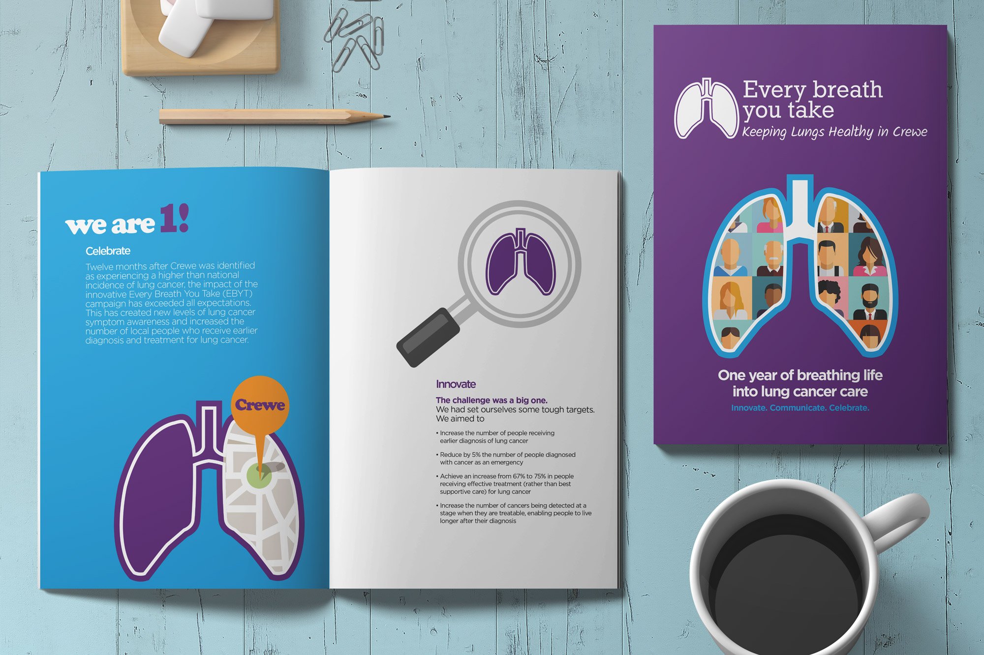 Open booklet and flyer on lung cancer awareness campaign, purple and blue covers, magnifying glass over lungs illustration, magnifying glass targeting lungs with 'Crewe' label, cup of coffee, desk accessories, blue wooden surface.