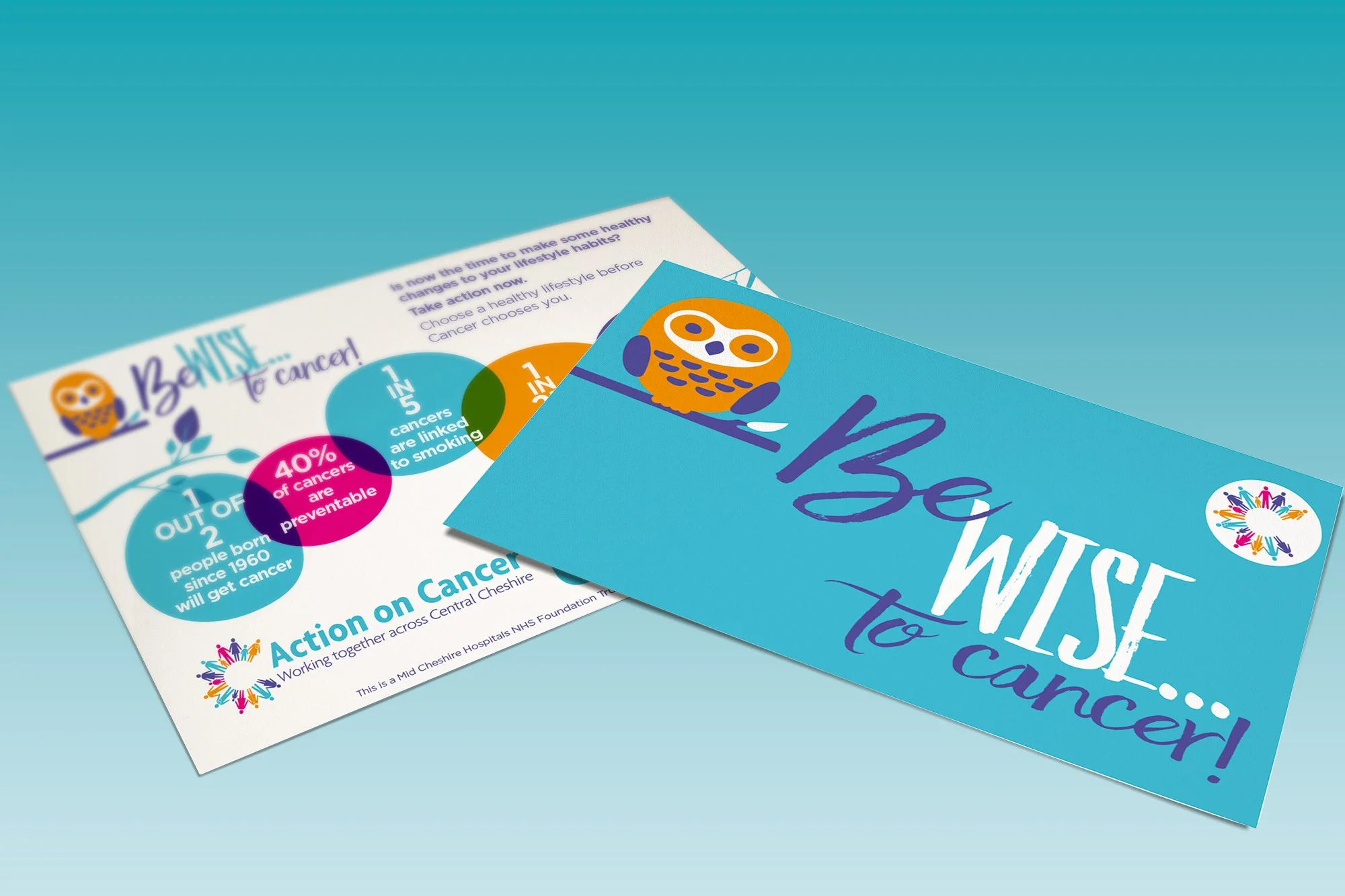 Cards and flyers with health information about cancer prevention, featuring colorful graphics, an owl mascot, and a message encouraging action to prevent cancer.