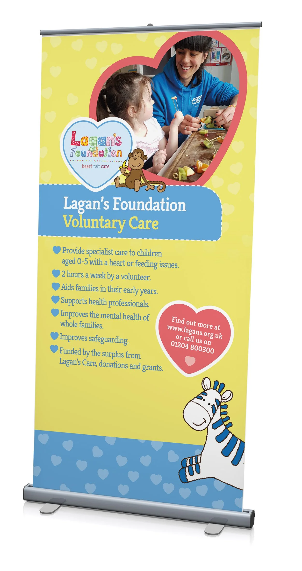 Banner for Lagan's Foundation Voluntary Care, featuring a picture of a caregiver with a young girl, colorful text, hearts, a cartoon zebra, and contact information for more details.