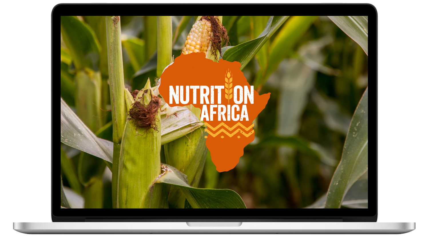 Laptop screen displaying a graphic of a cornfield with a silhouette of Africa overlaid. The silhouette contains the text 'NUTRITION AFRICA' and a stylized wheat symbol.