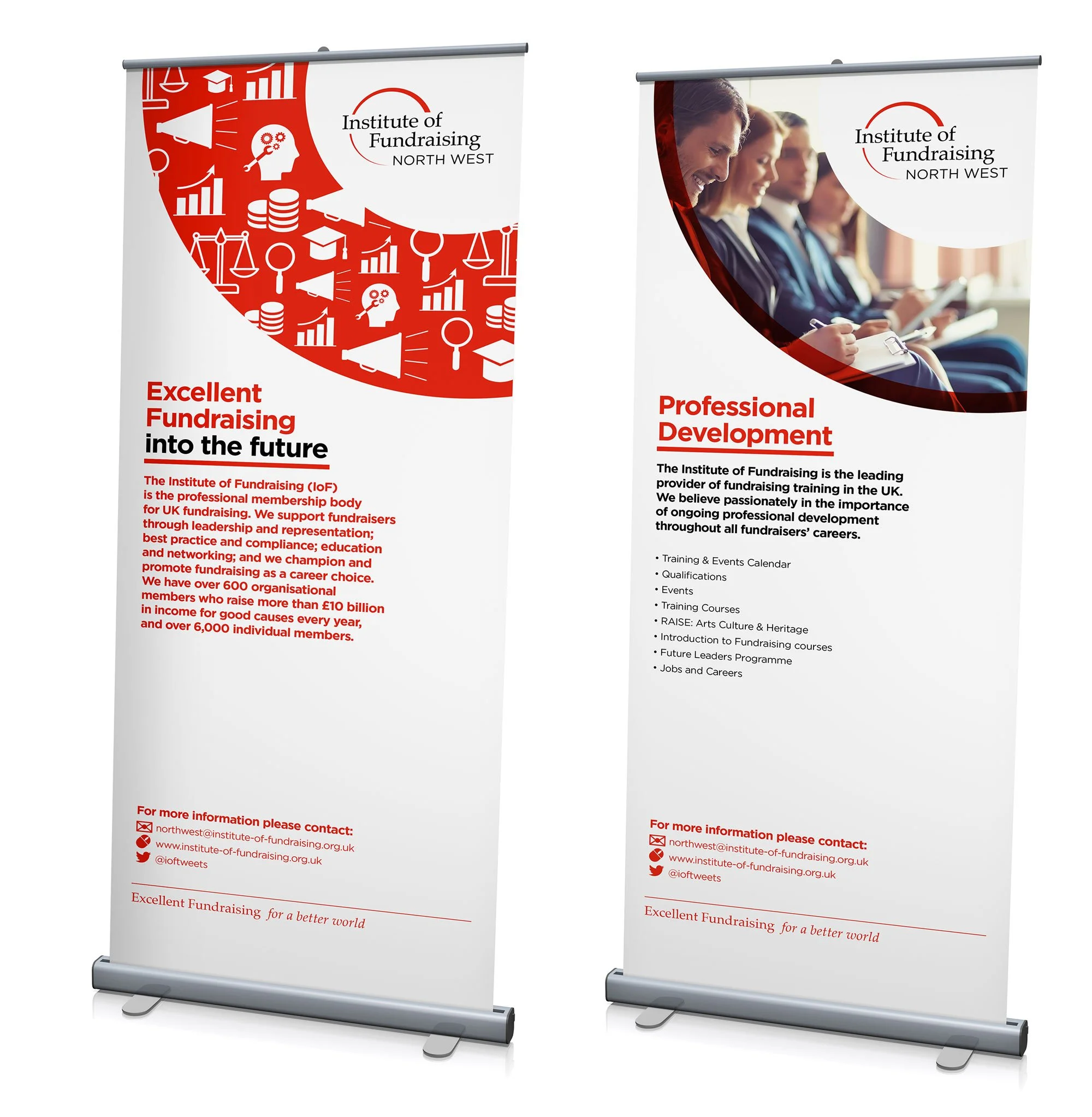 Two vertical banners promoting the Institute of Fundraising North West. The left banner highlights fundraising careers with a red and white design, and the right banner promotes professional development with an image of smiling people at a seminar.