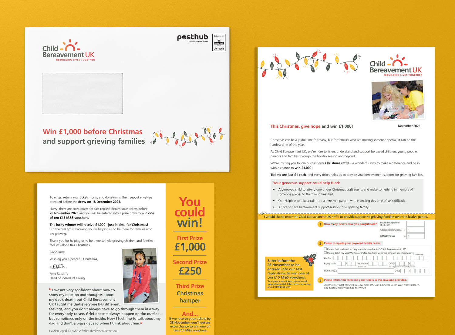 Charity flyer from Child Bereavement UK featuring an envelope and a letter with Christmas-themed border and a young girl in a red hoodie.