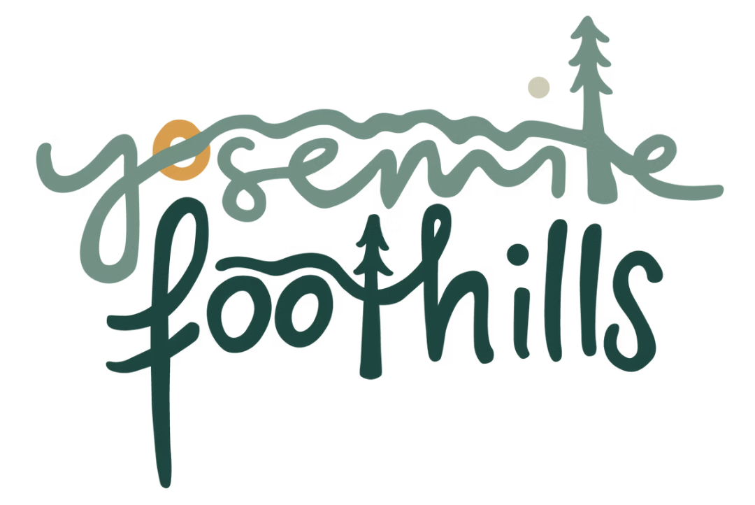Stylized text reading 'Yosemite foothills' with mountain and tree graphics.