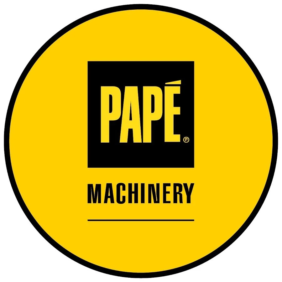 Yellow circular logo with black border, featuring the word 'PAPÉ' in large yellow capital letters inside a black square, and 'MACHINERY' written below in black capital letters.