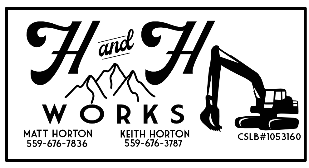Business card for H and H Works featuring mountain and excavator graphics, with contact info for Matt Horton and Keith Horton.