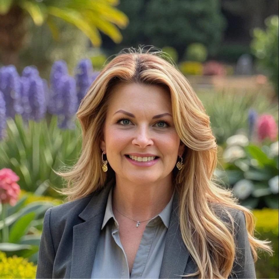 Jennifer Rogers, founder of the Perspectives Project smiling outdoors in a garden with purple, pink, and white flowers and green foliage.