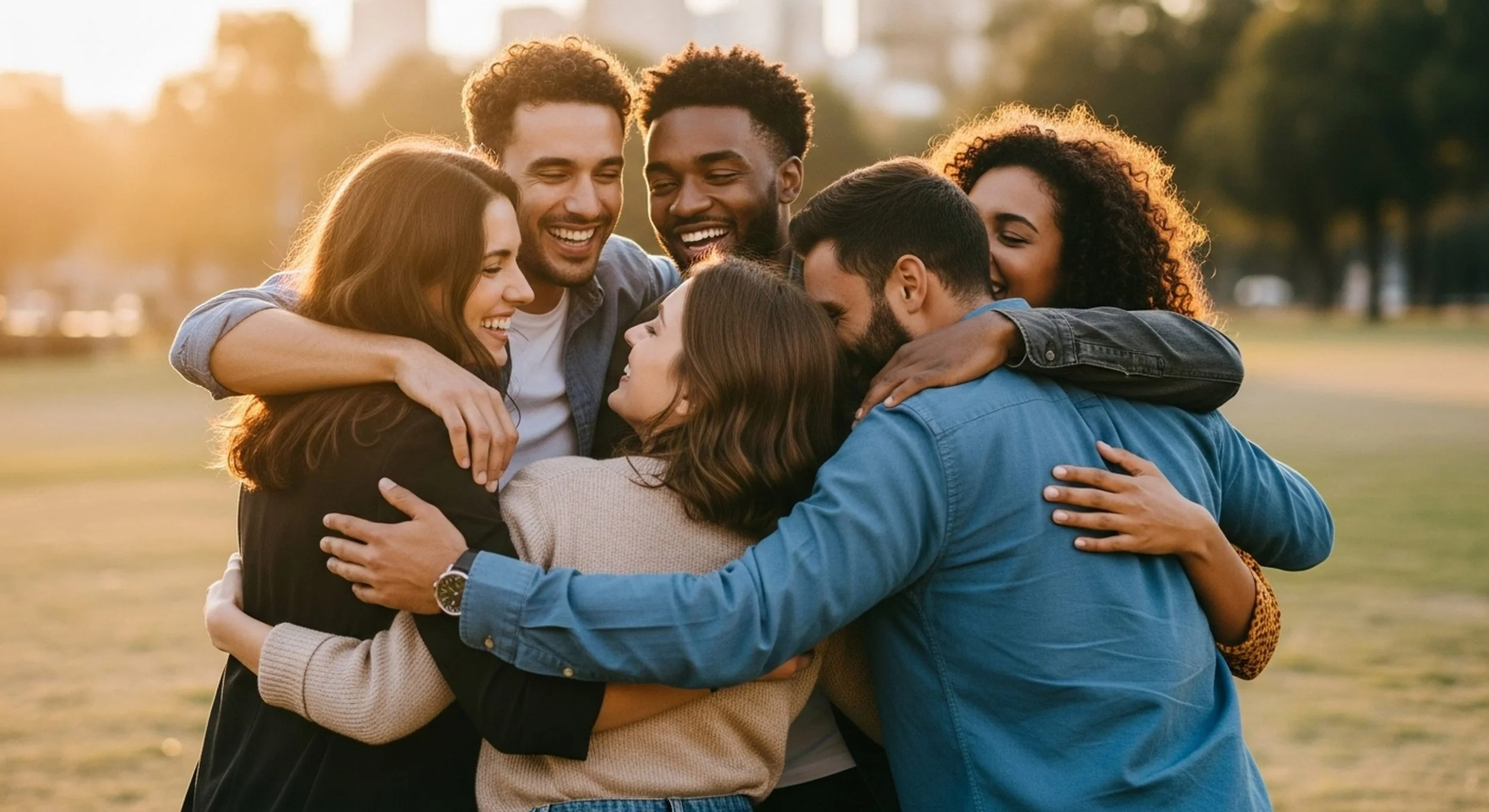 A group of six diverse friends hugging and smiling in a park during sunset.
