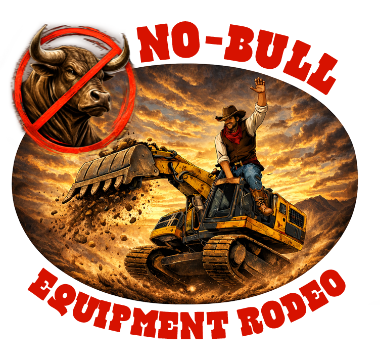 A cowboy wearing a hat, vest, and red bandana waving while sitting on a yellow bulldozer in a dirt field with a sunset sky in the background. There is a bull's head with a prohibition sign in the top left corner.