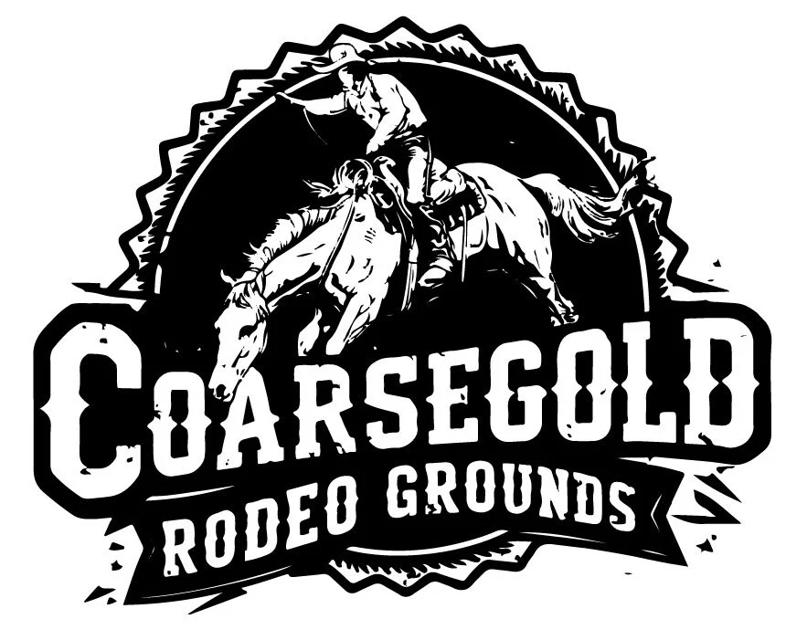 Logo for Coarsegold Rodeo Grounds featuring a cowboy riding a bucking horse.