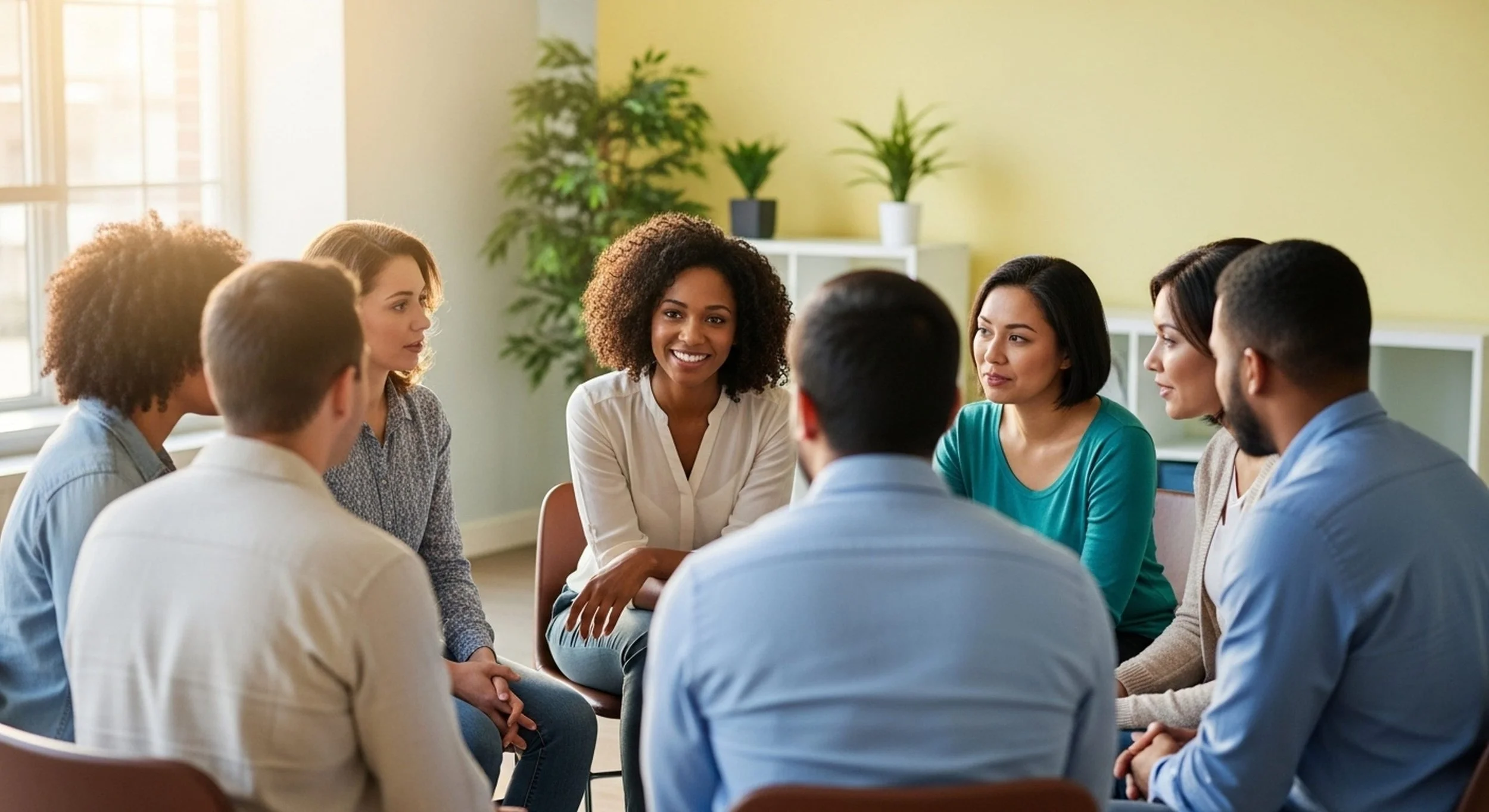 A diverse group of people sitting in a circle during a discussion in an office, with a woman smiling and leading the conversation.