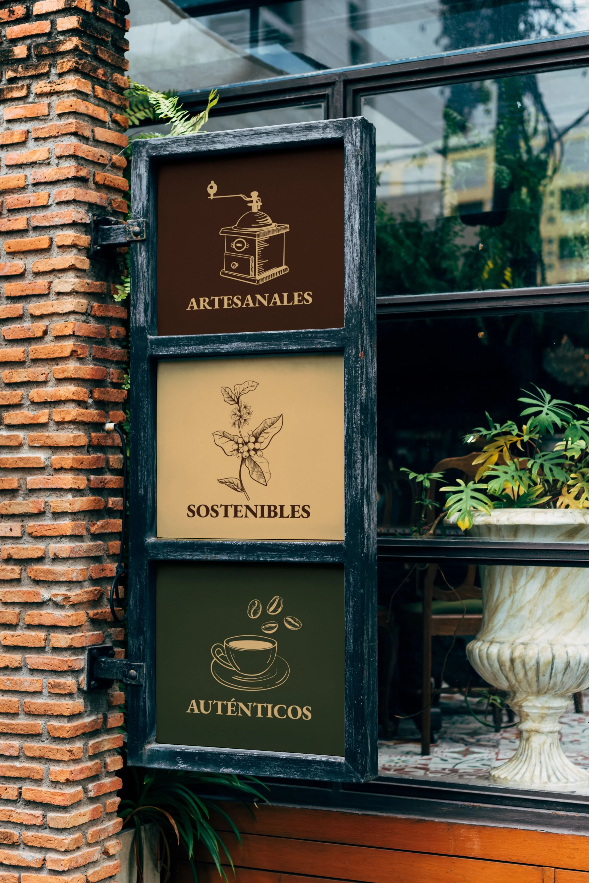 Cartel de un negocio que ofrece productos artesanales, sostenibles y auténticos con ilustraciones relacionadas en cada sección.