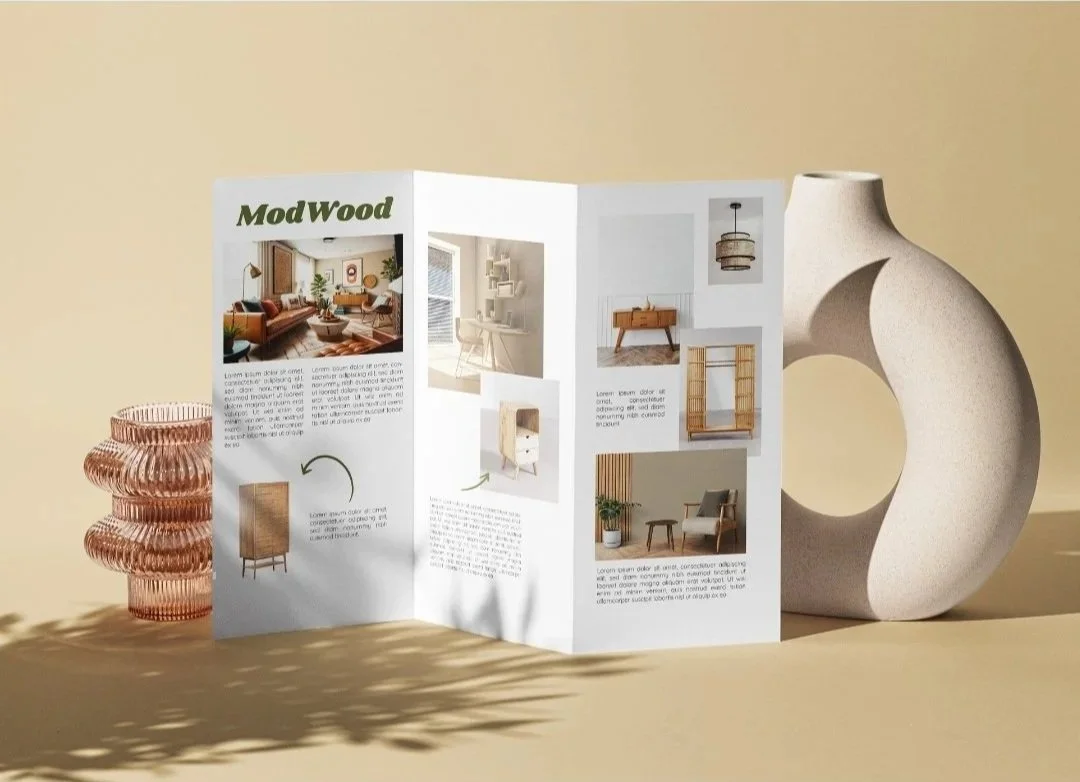 Catálogo de muebles con varias fotos de interiores y muebles de madera, con encabezado que dice 'ModWood'.