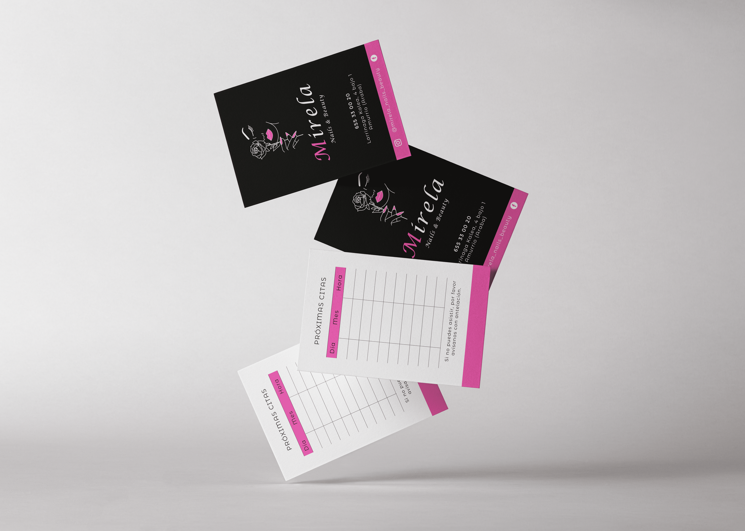 Tarjetas de visita y un cuaderno con calendario para apoyo de citas para un salón de belleza llamado 'Mirela'.