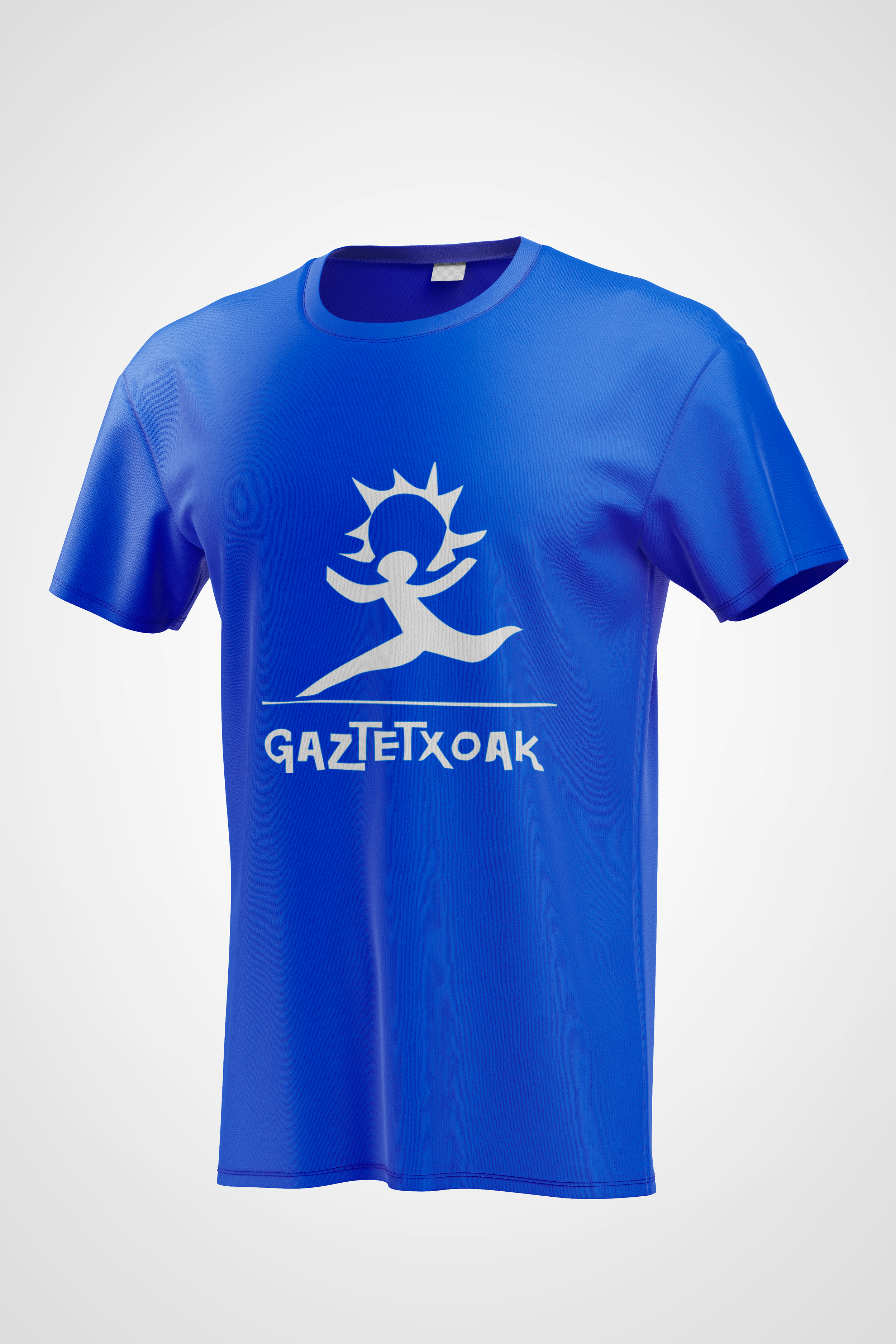 Camiseta azul con logotipo y texto blanco en el centro