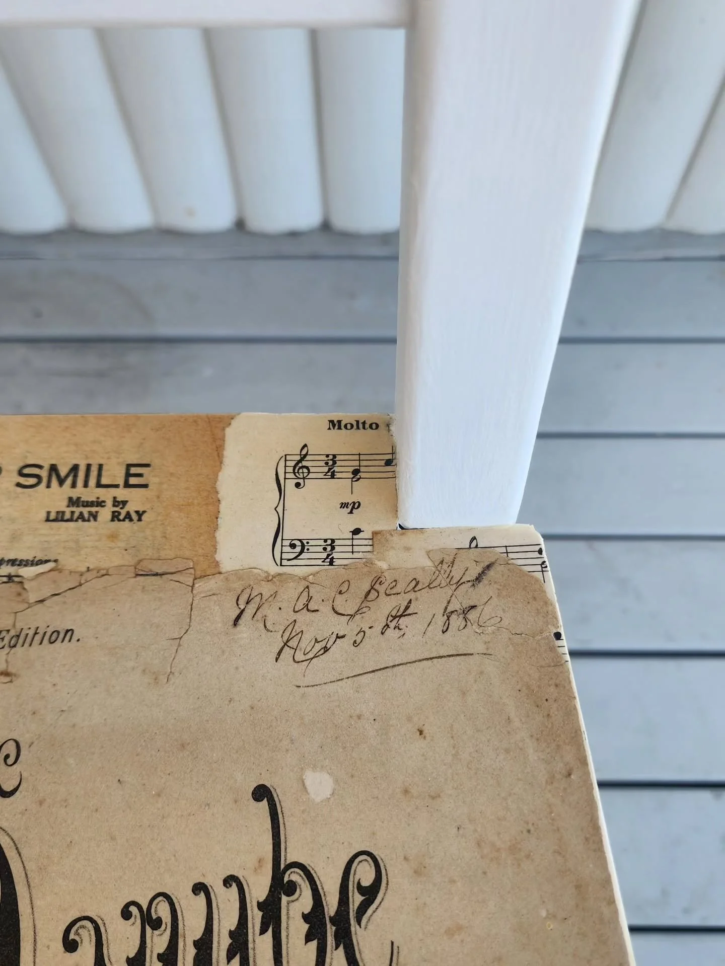 Look at that date! November 5th 1886. I purchased a bunch of music sheets (mostly damaged, but I loved the fonts) over 10 years ago from an antique shop in Queenscliff, Victoria. I only just saw this handwritten date. Incredible. 

The chair was from
