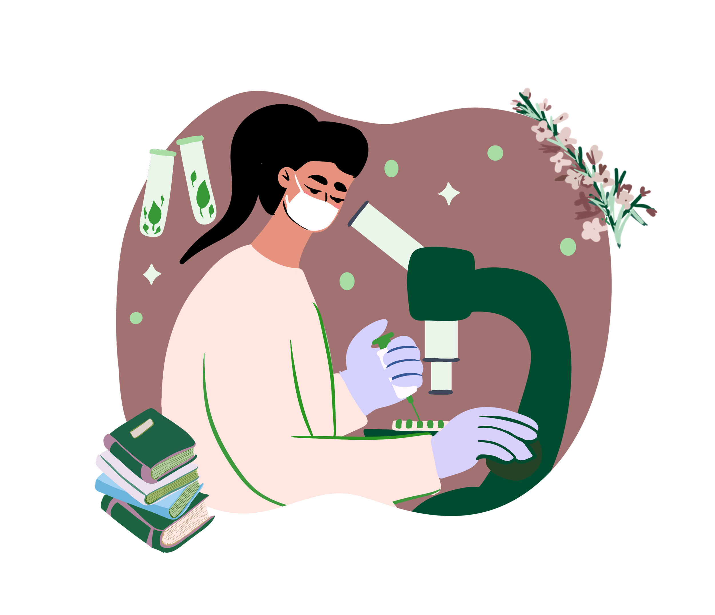 Une illustration d'une femme portant un masque facial, utilisant un microscope dans un laboratoire scientifique entourée de livres, de plantes et de fioles chimiques, symbolisant la recherche scientifique et l'étude botanique.