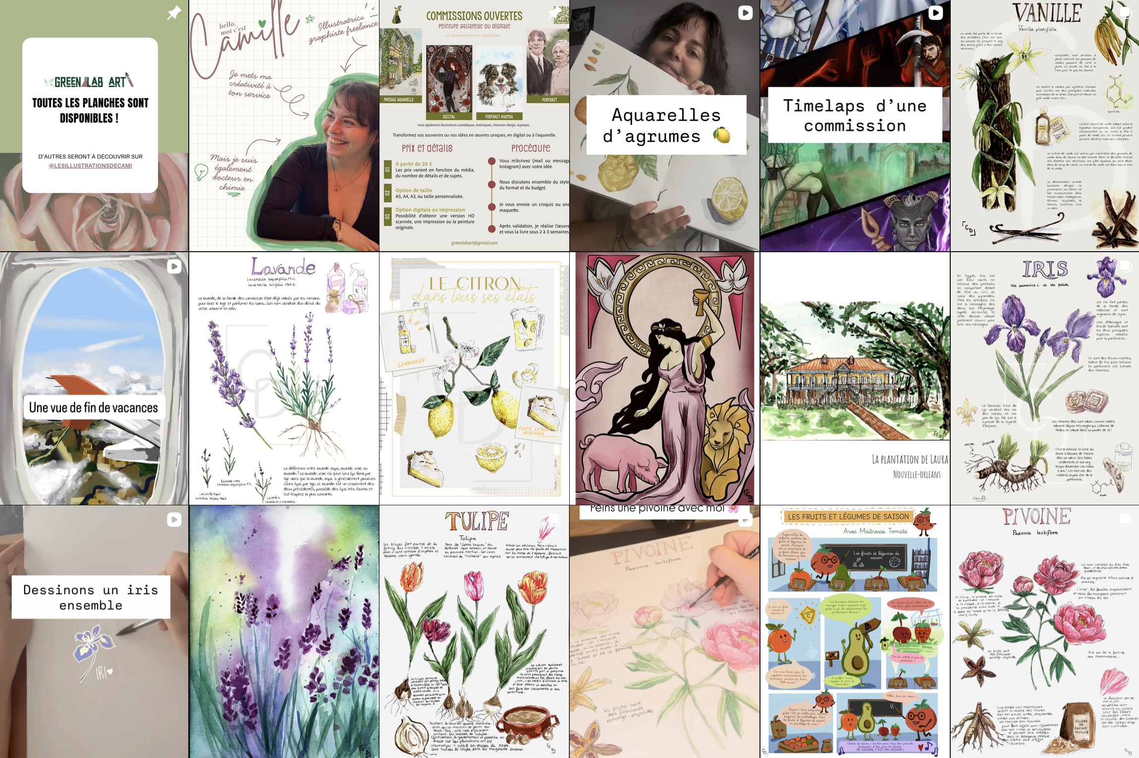 Collage de différentes illustrations et photos, notamment de fleurs, d'art abstrait, de paysages, de plantes aromatiques, de fruits, de personnages, d'animaux, et d'éléments liés à la nature et à la créativité.