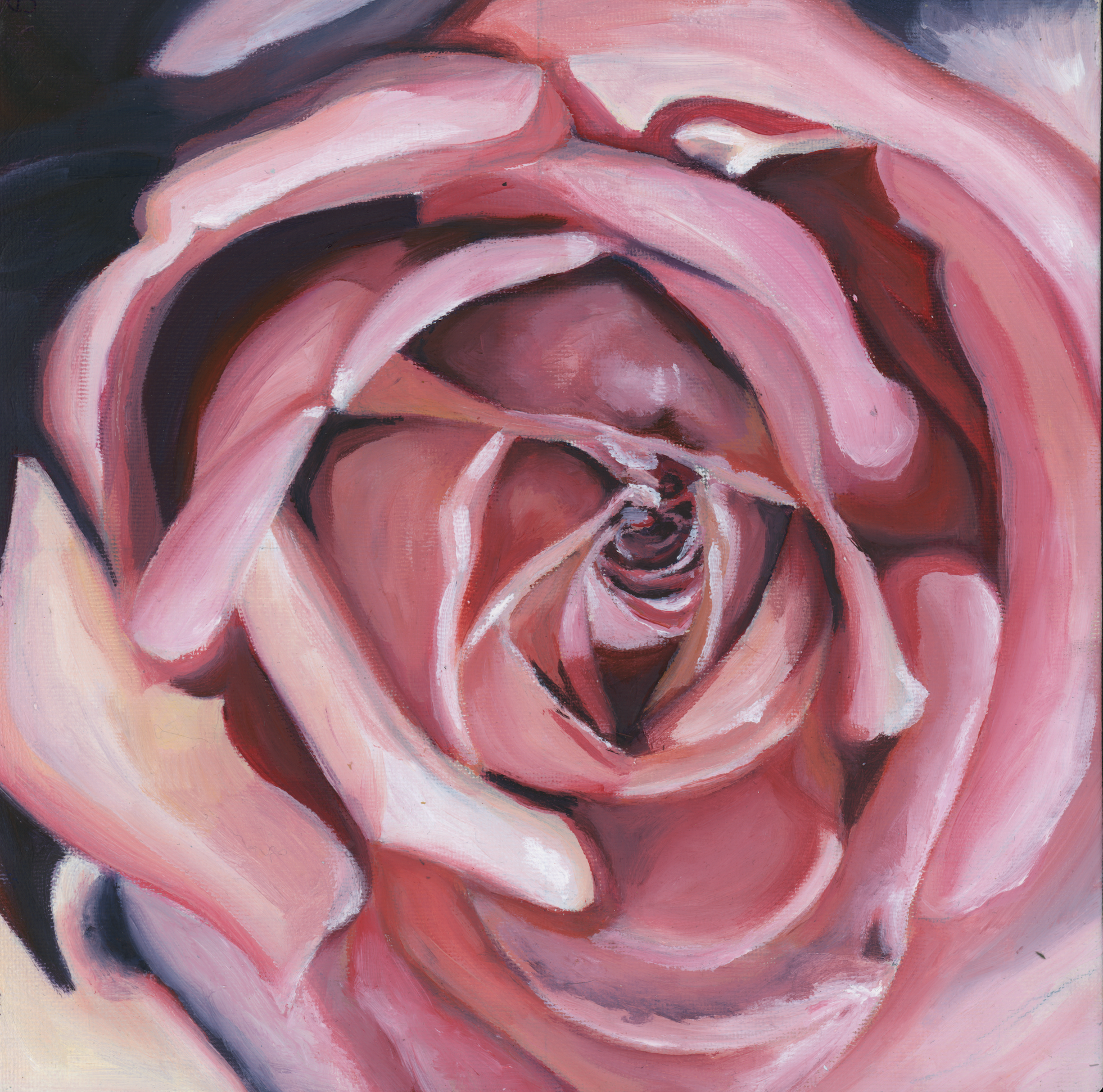 Une peinture abstraite représentant un bouton de rose dans les tons de rose, rouge, noir et blanc avec des coups de pinceau expressifs.