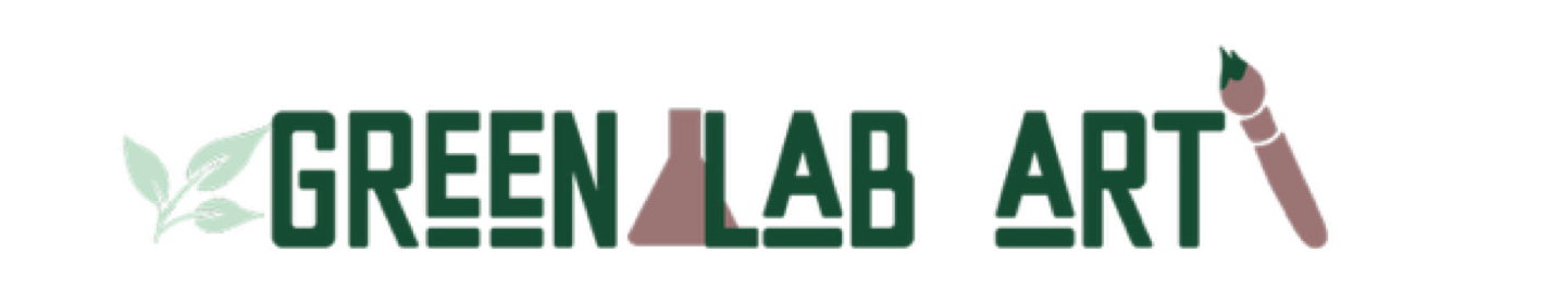Logo de Green Lab Art avec des éléments de laboratoire et de nature, comprenant une feuille, un tube à essai, et une brosse de peinture.