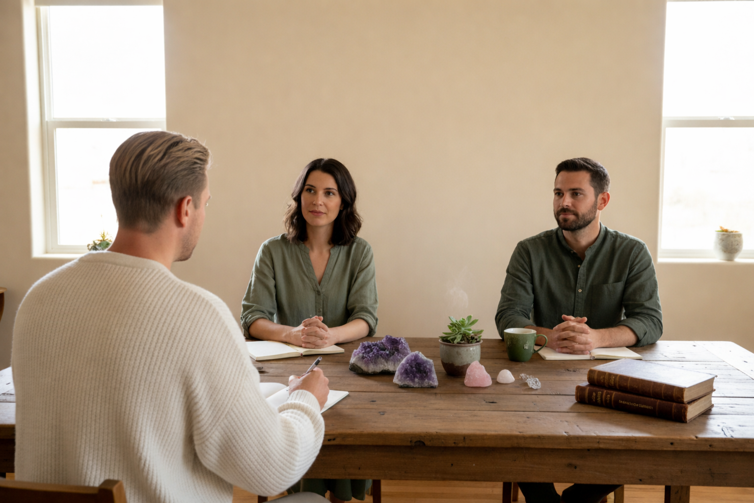 Drei Menschen sitzen bei einem Meeting an einem Holztisch, mit Kristallen, Pflanzen und Büchern auf dem Tisch. Zwei sind Damen, eine im Hintergrund, eine in der Mitte, und ein Herr mit weißen Pullover sitzt vor ihnen, schreibt in ein Notizbuch.