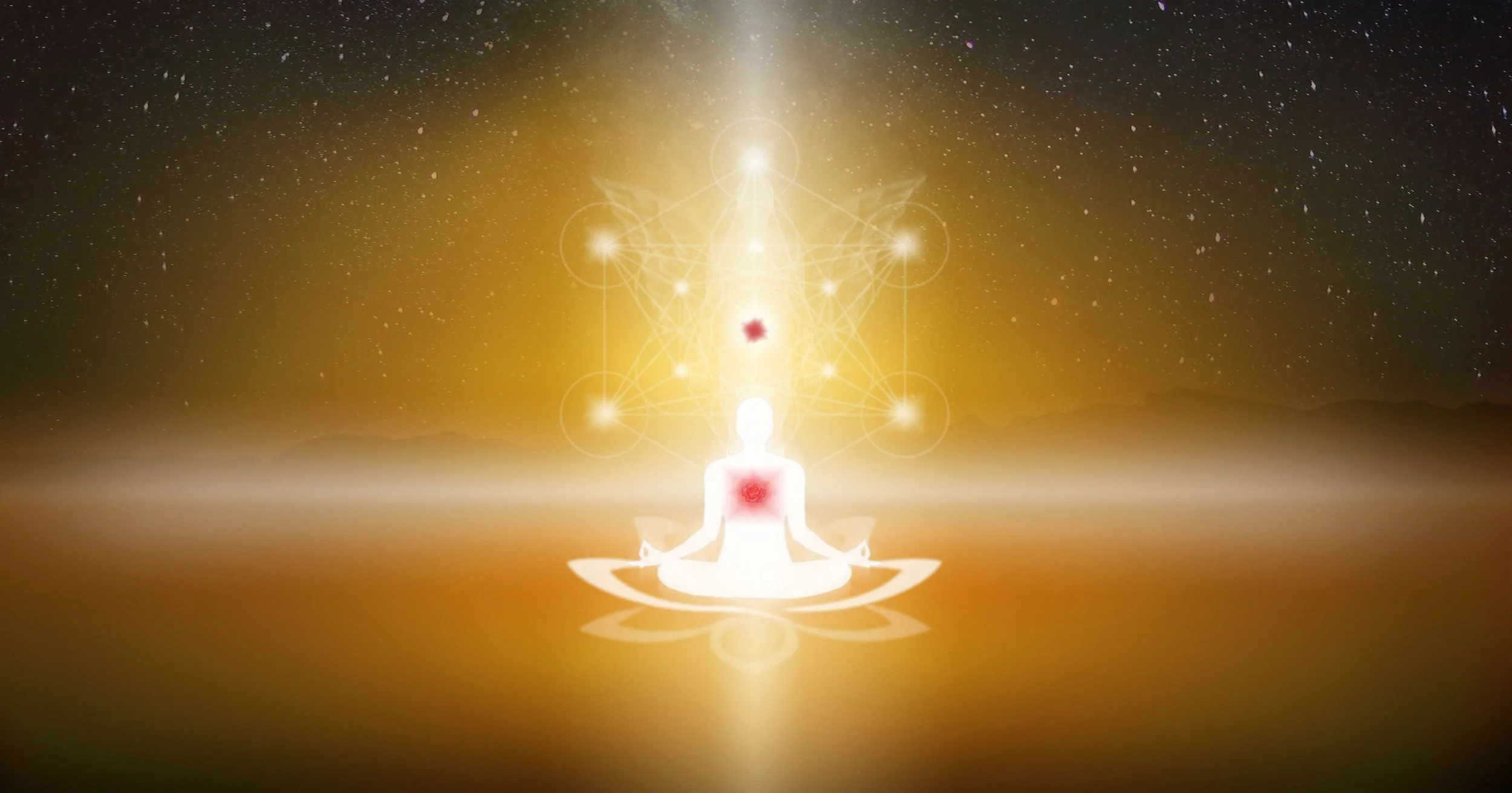 Eine leuchtende, spirituelle Darstellung einer meditierenden Person in Lotus-Position mit einem energetischen Zentrum in der Brust, umgeben von geometrischen Mustern und Lichtern, vor einem Sternenhimmel