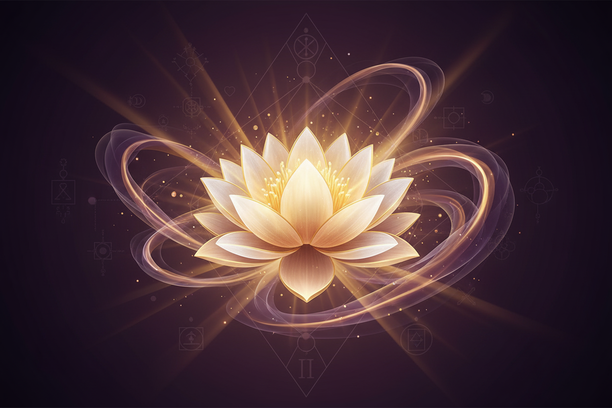 Eine leuchtende Lotusblume mit goldenen und rosa Farben, umgeben von energetischen, spiralförmigen Lichtmustern und spirituellen Symbolen.