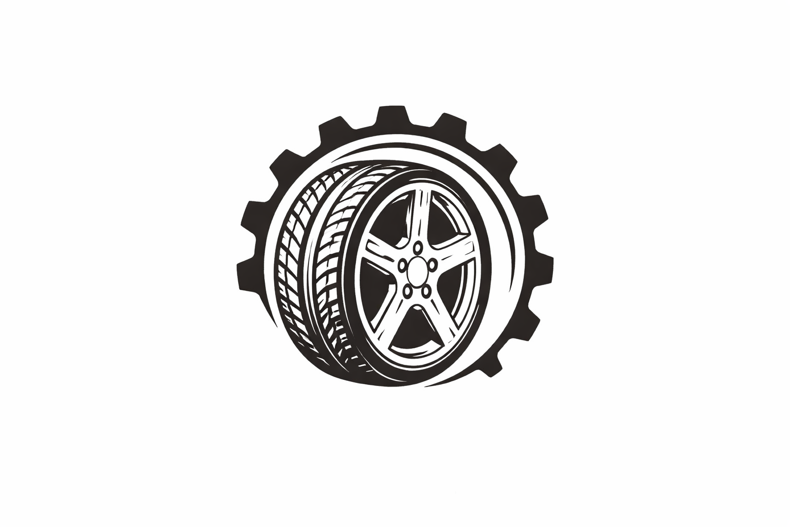 Black and white illustration of a car tire inside a gear outline.