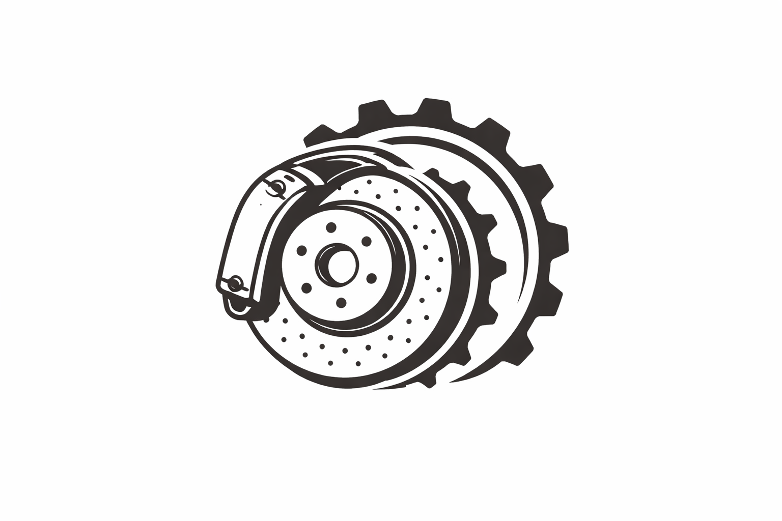 A technical illustration of a disc brake system with a caliper and a gear wheel.