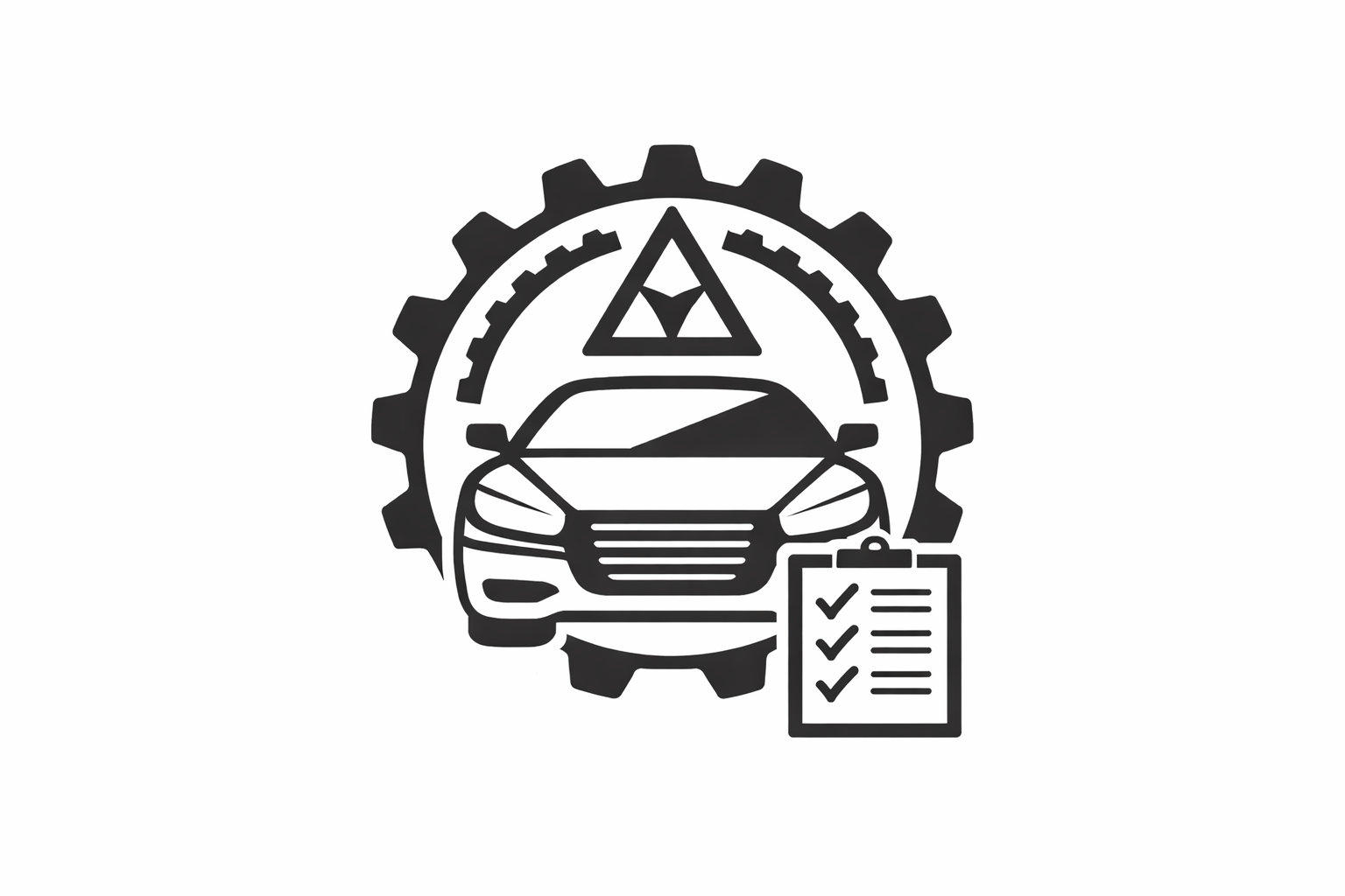 A black and white icon of a car inside a gear, with a checklist clipboard below it, representing vehicle maintenance or inspection.