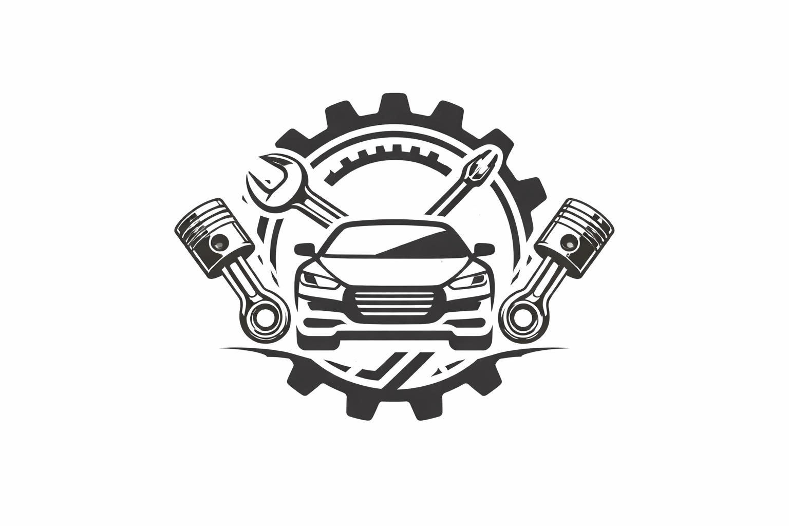 Black and white icon of a car surrounded by automotive tools including pistons, wrenches, and screwdrivers, with a gear and speedometer in the background.