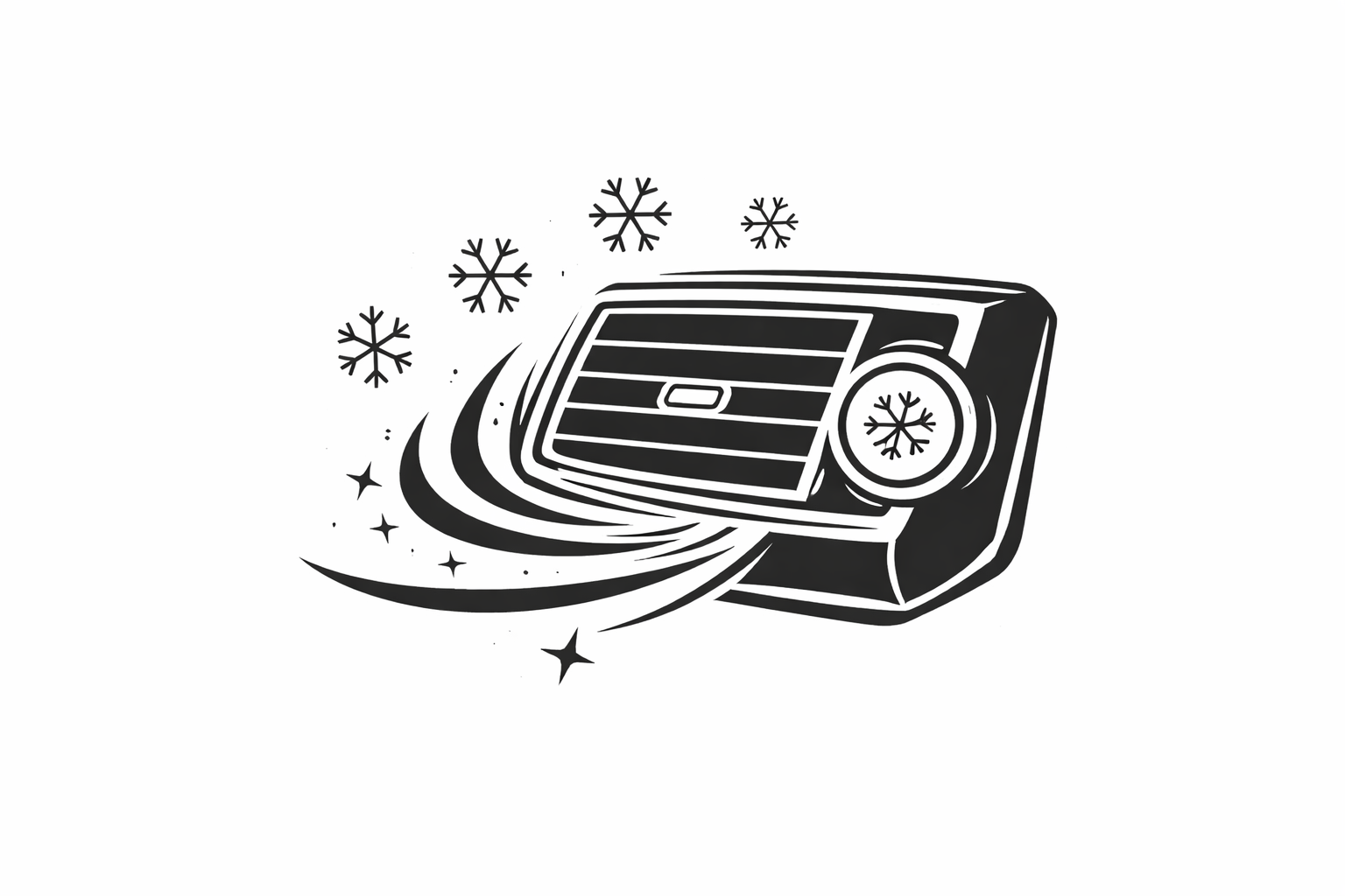 A black and white illustration of a portable space heater with three snowflakes around it, indicating cold or winter.
