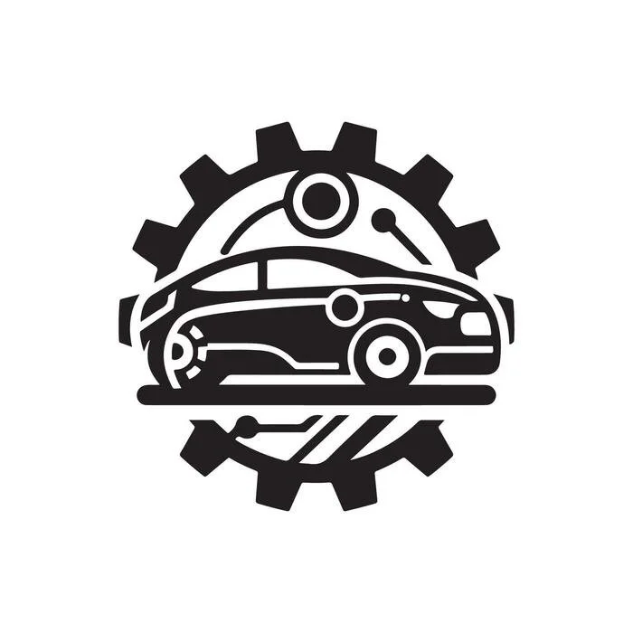 Black and white graphic of a car inside a gear with mechanical elements surrounding it.