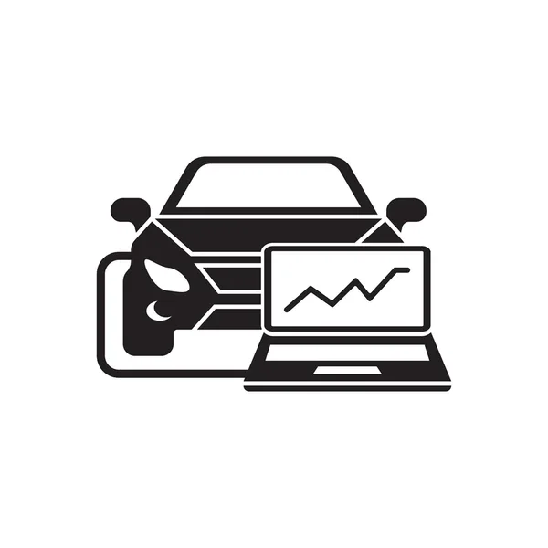 Icon of a car with a laptop showing an upward trending graph, representing car sales or vehicle analytics.