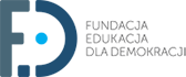 Logo of a foundation for education and democracy with a stylized blue and black design and the text 'Fundacja Edukacja Dla Demokracji'