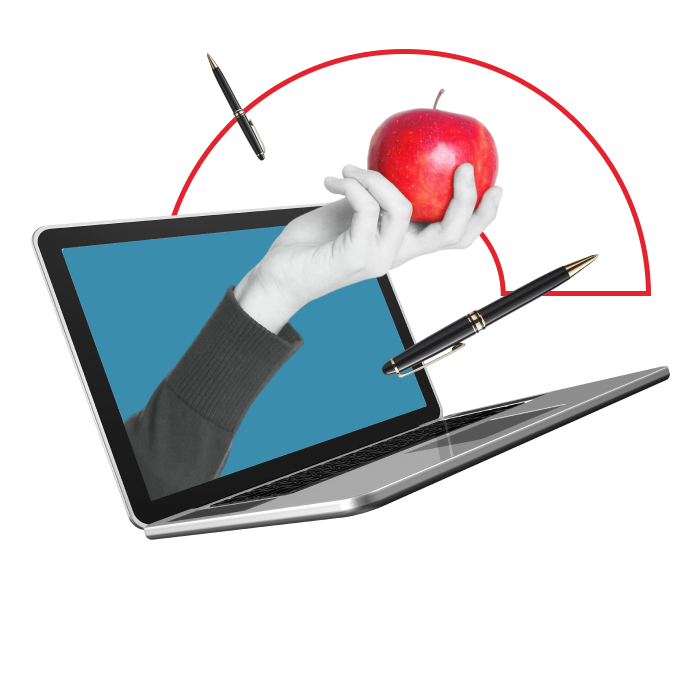 A surreal image shows a hand holding a red apple emerging from a laptop screen, symbolizing a modern aproach to non-formal education