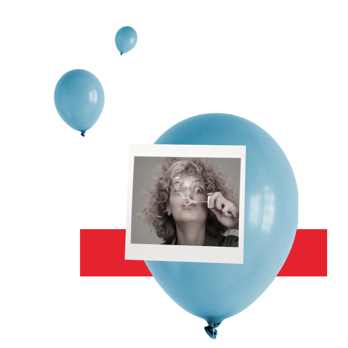 Collage of a woman with blue eyes and blonde hair, a red star over her left eye, blue balloons, a blue bowl, and red and blue graphic elements.
