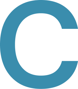 A large stylized letter 'C' in dark turquoise color on a white background.